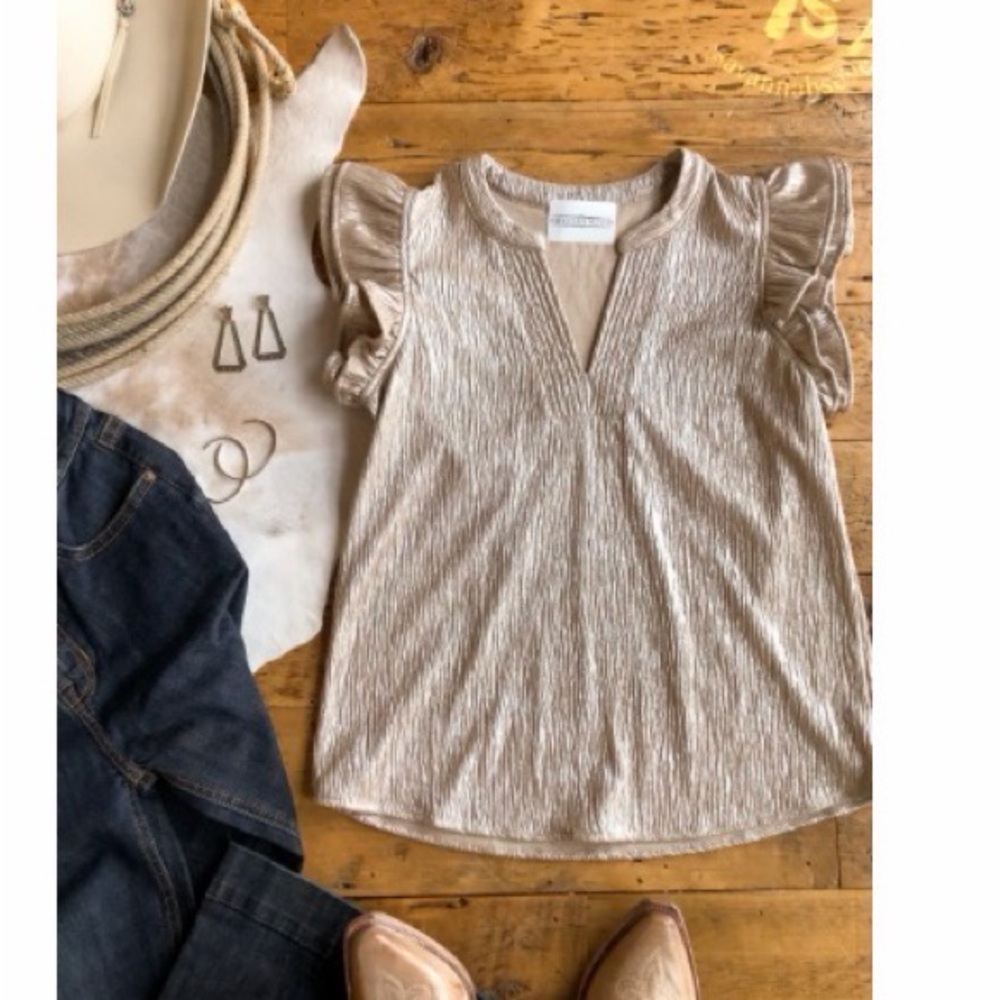 Elegant Cream/gold tone Ruffle Sleeve Blouse from savannah sevens western life.